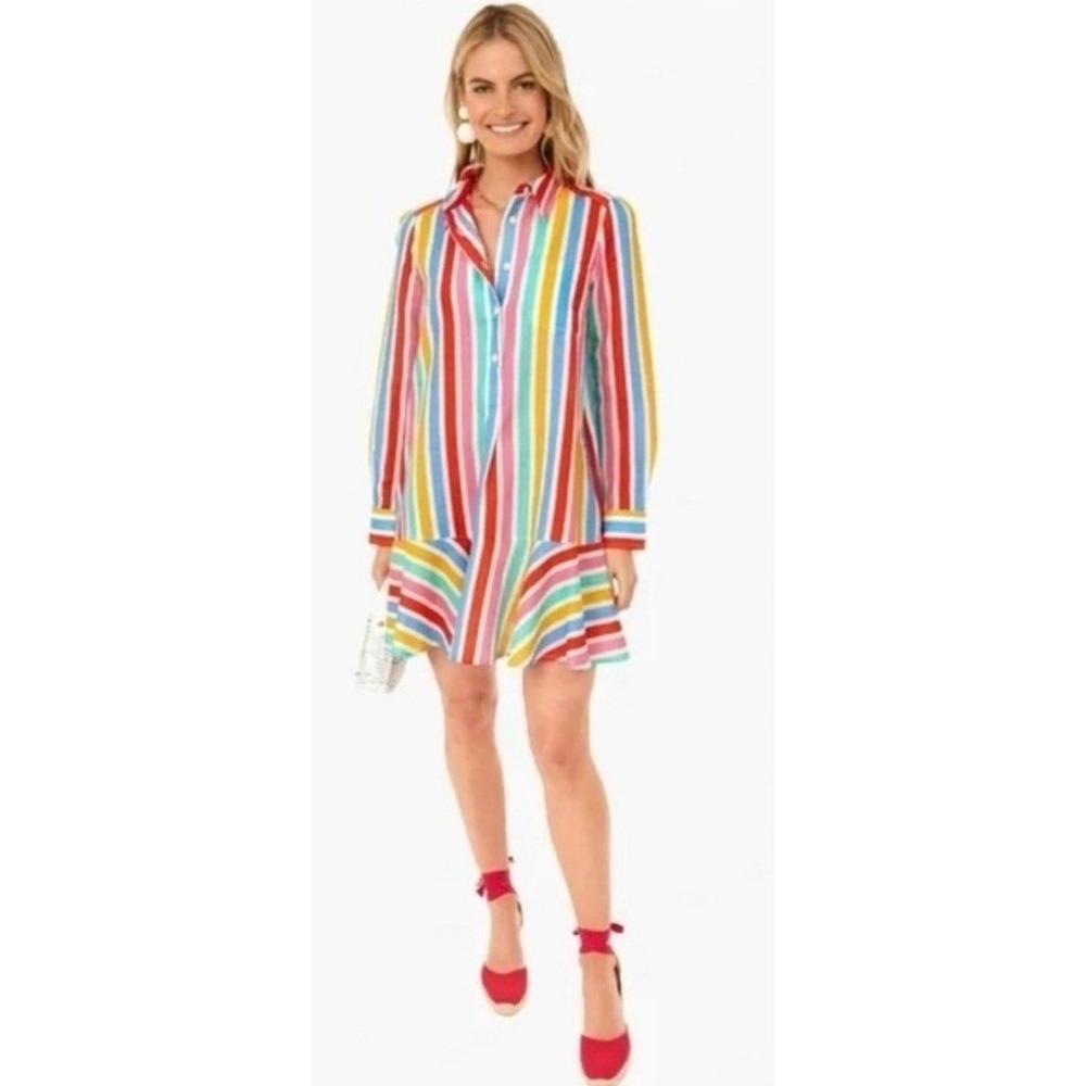 Tuckernuck Multi Color Stripe Ruffle Hem Mini Shirtdress Linen Blend Small